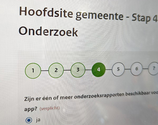 Screenshot invulassistent voor 'hoofdsite gemeente'. Stap 4 is geselecteerd
