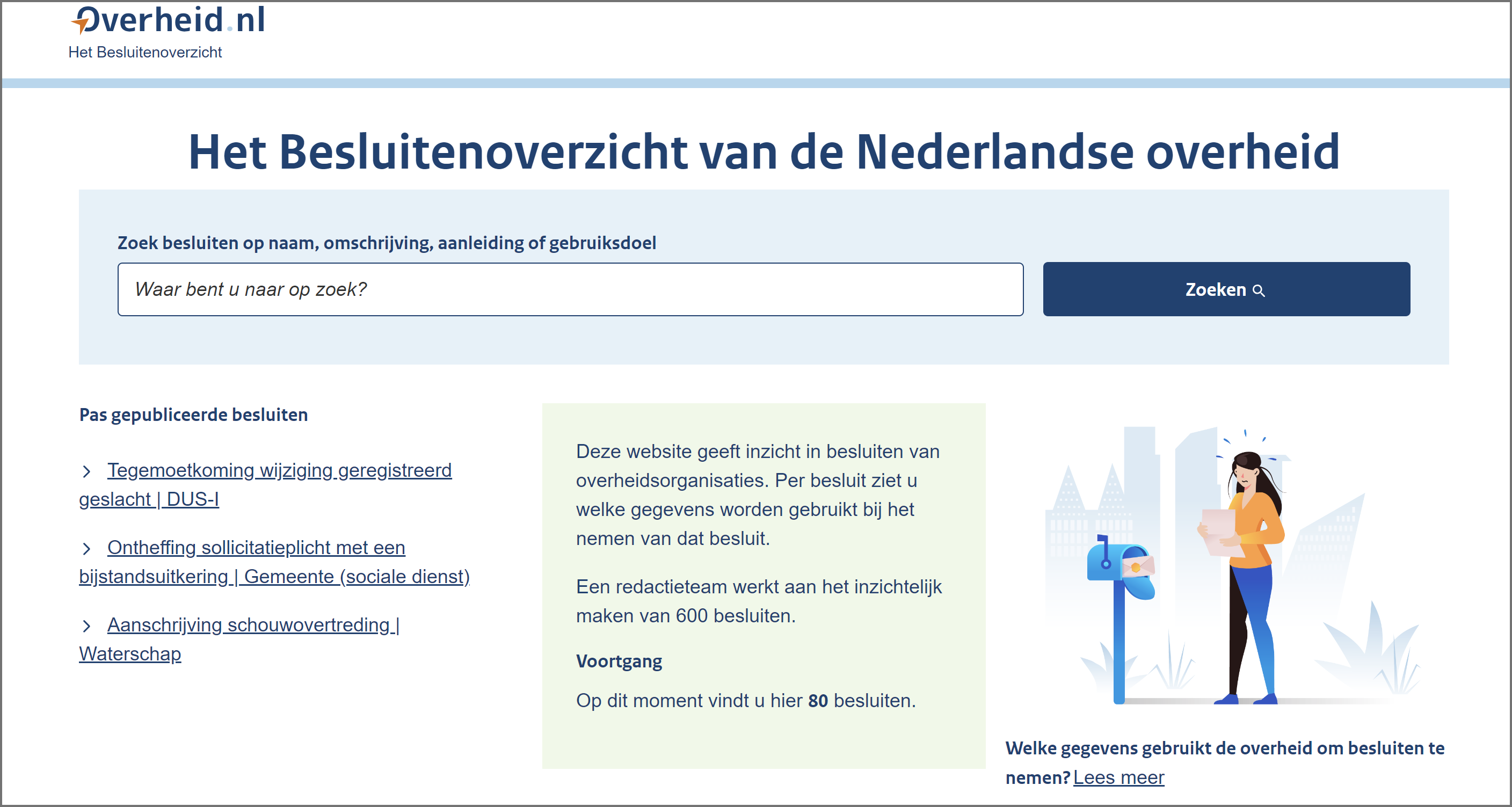 Screenshot van de website, met als titel: het besluitenoverzicht van de Nederlandse overheid en daaronder een zoekbalk