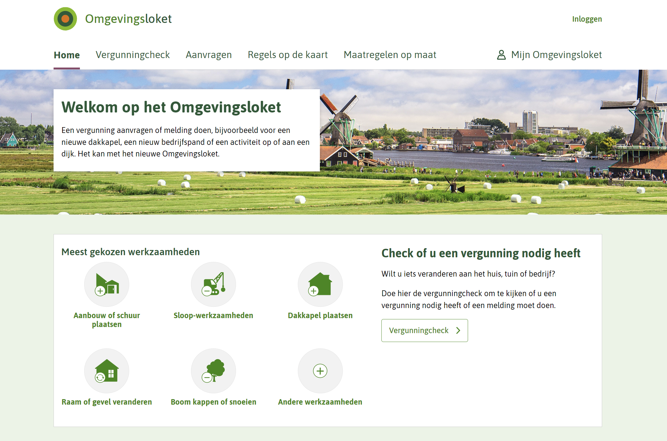 Homepagina van de webportal Omgevingsloket