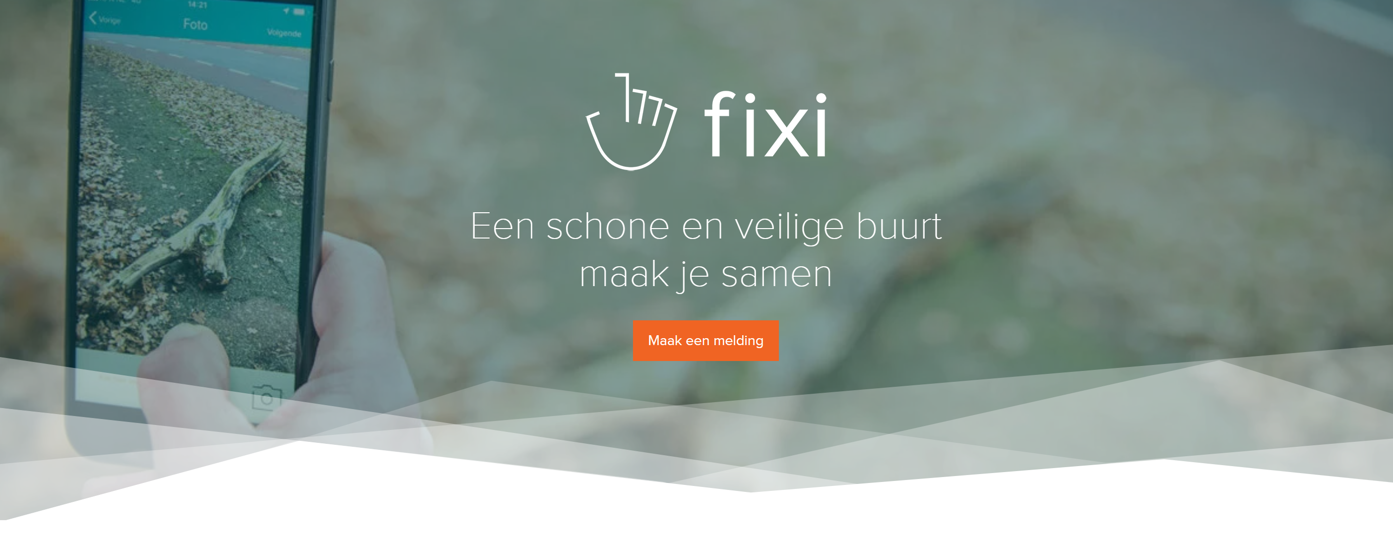 Homepage van Fixi met daarop een smartphone met de app en een aanmeldknop