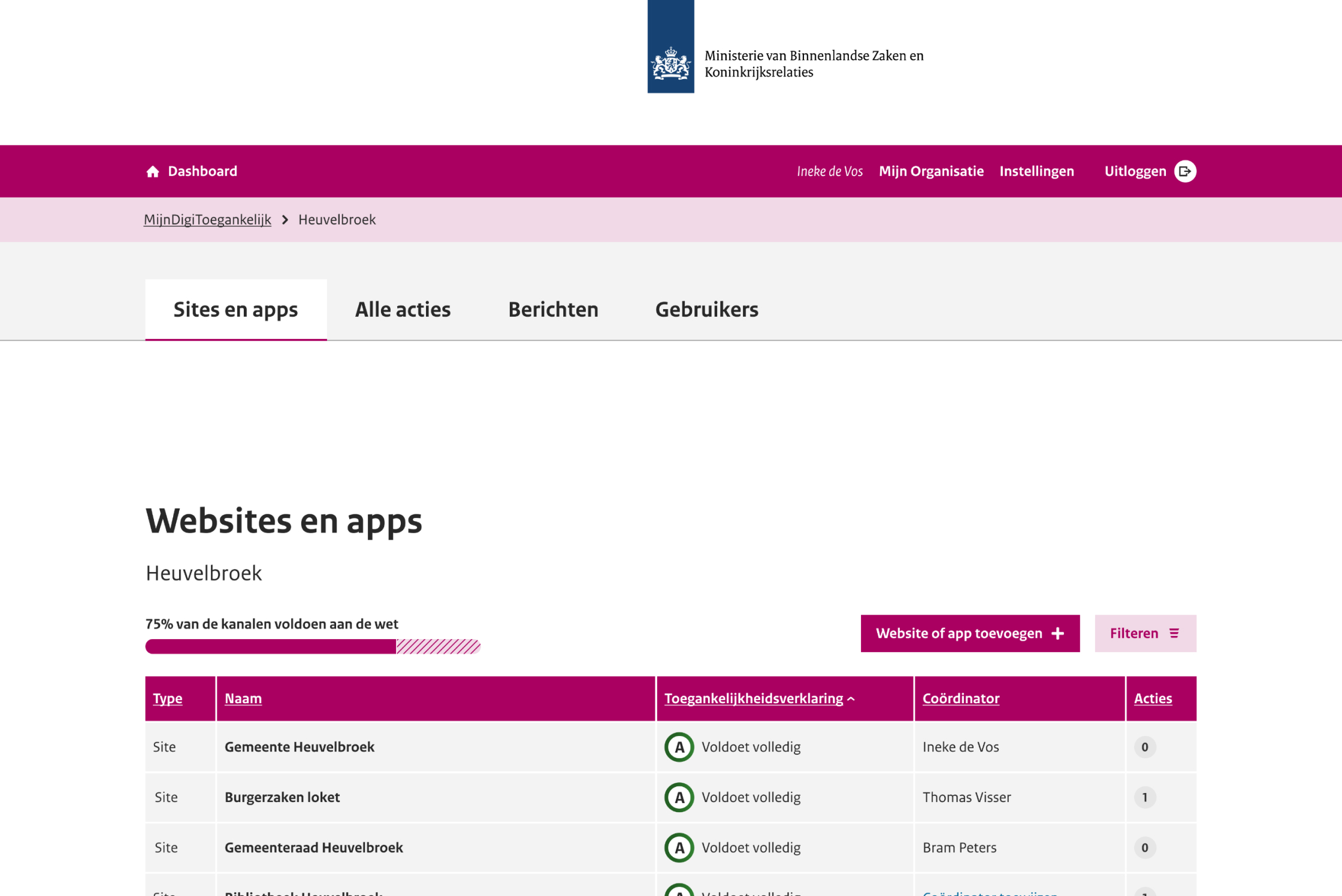 Een schermafbeelding van MijnDigiToegankelijk waarin het overzicht van websites en apps van de fictieve gemeente 'Heuvelbroek' te zien is.